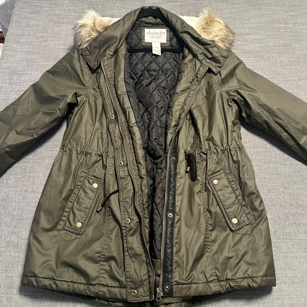 American Rag Cie Parka Jacket Women 2X Olive Green New Faux Fur Hood Anorak
